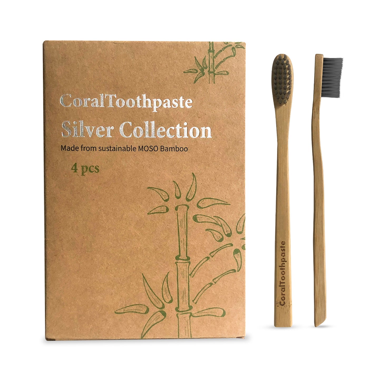Natural and Organic Silver Bristle Bamboo Toothbrush - 4 Pack