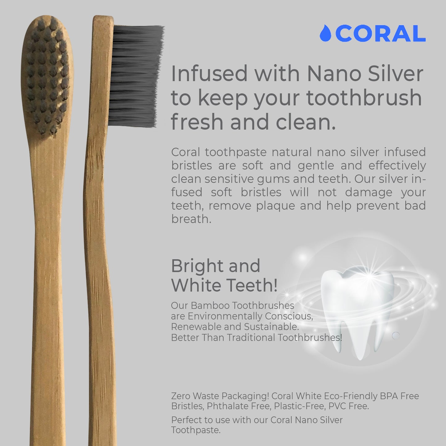 Natural and Organic Silver Bristle Bamboo Toothbrush - 4 Pack